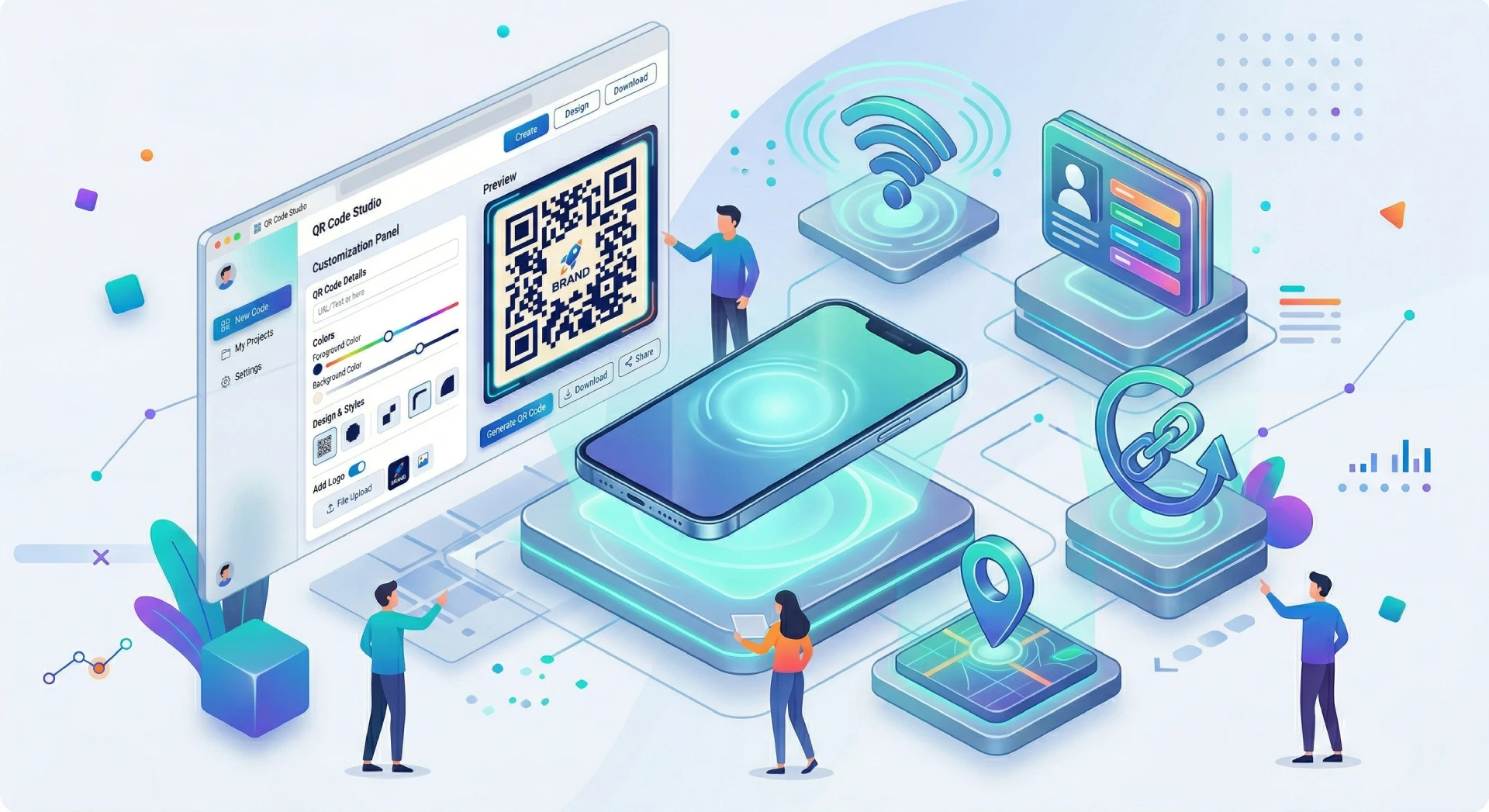 Various supported QR code formats including vCard business cards and seamless WiFi connections